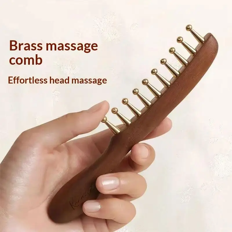 Head Meridians Massage Comb Copper Wood Meridians Comb Needling Guasha Scalp Relax Tools Long Hair Head Therapy Meridian Comb