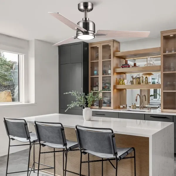 48 cali. Zintegrowany wentylator sufitowy LED w stylu farmhouse, do użytku wewnątrz i na zewnątrz, niklowany, inteligentny, z pilotem.