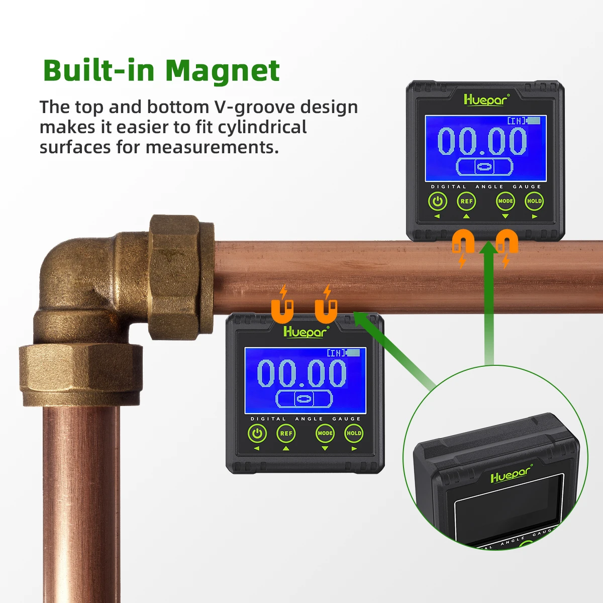 Imagem -05 - Medidor de Ângulo Digital Inclinômetro Lcd Eletrônico Bevel 360 ° Medição Transferidor Base Magnética e Alerta Sonoro Huepar-ag03
