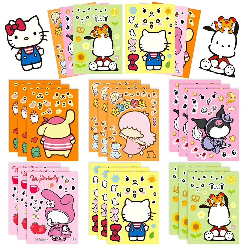 New Sanrio Hello Kitty Kuromi Pochacco Pompompurin Cute Simple Puzzle Stickers Creative Cartoon Fun Face Changing Stickers Gift