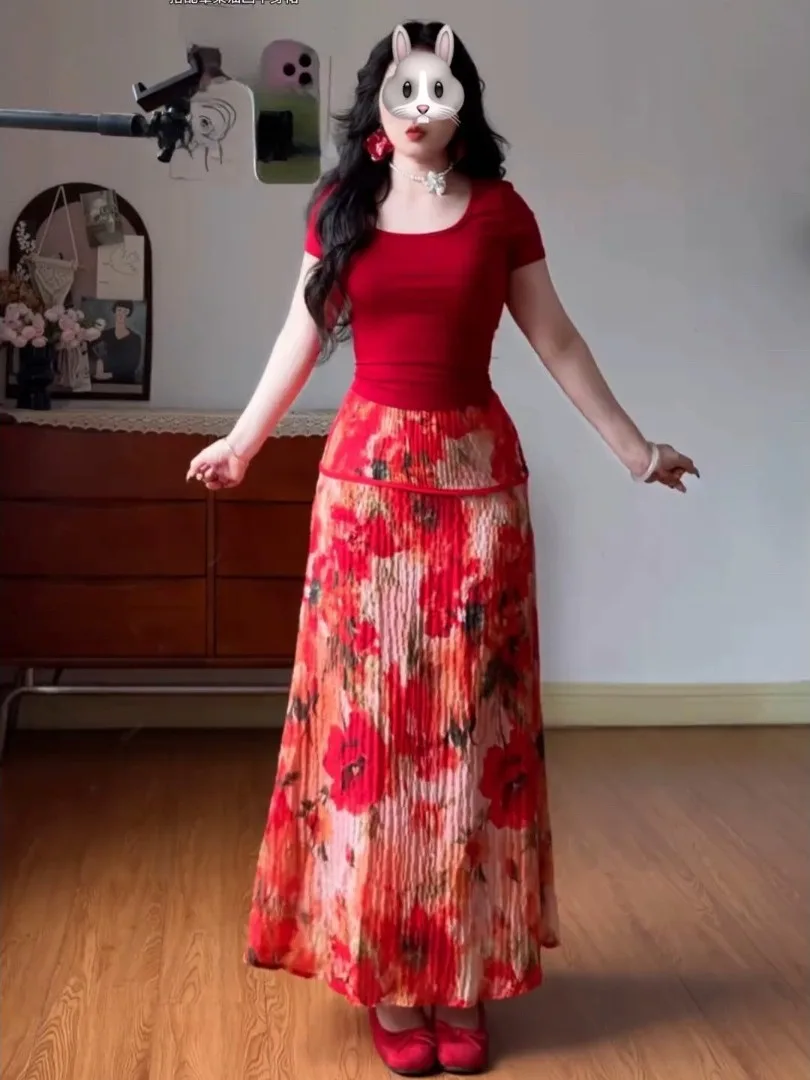 

plus Size Women's Beachwear Red T-Shirt Printed Waist-Cut out High Waist A-Line Midi Skirt Fashionable Summer Outfit Set