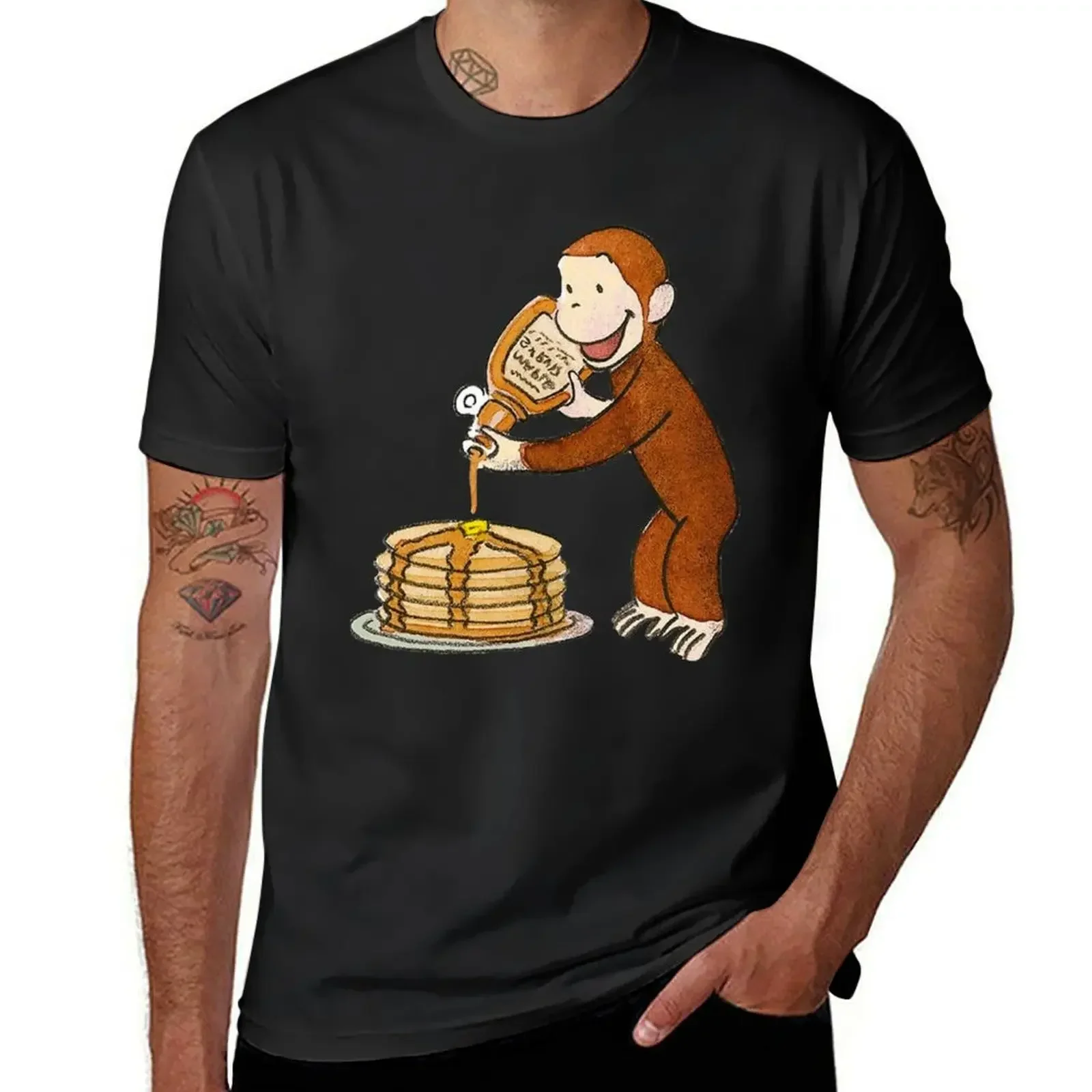 Curious George making pancakes T-Shirt plus size clothes sweat blue archive mens clothes