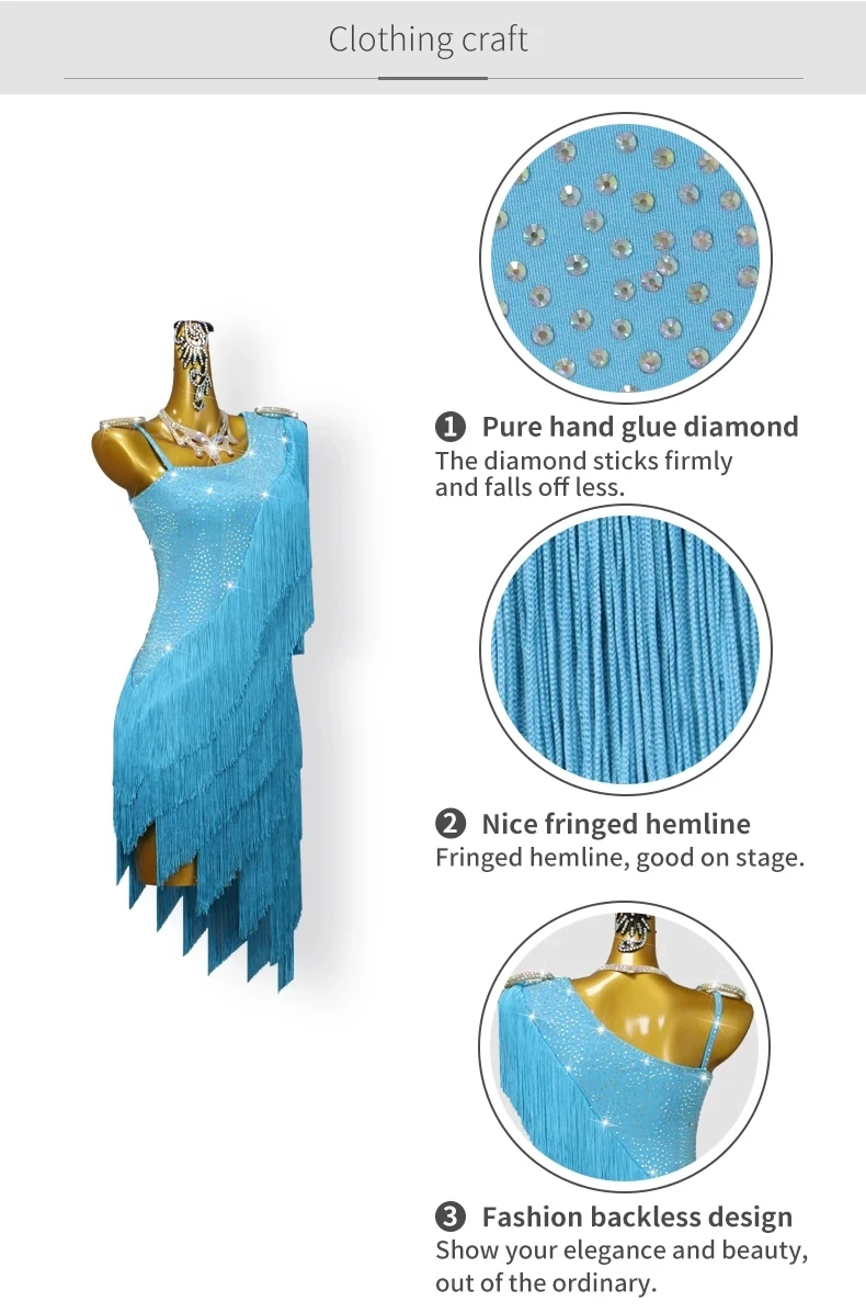 Damen-Tanzkostüm, Lateinamerikanisches Kleid, Performance-Wettbewerbskostüm, Ballsaalkleid, Elegante, Sexy Kleidung, Fransenbesetztes Sport-Tanzkostüm – Detail 6