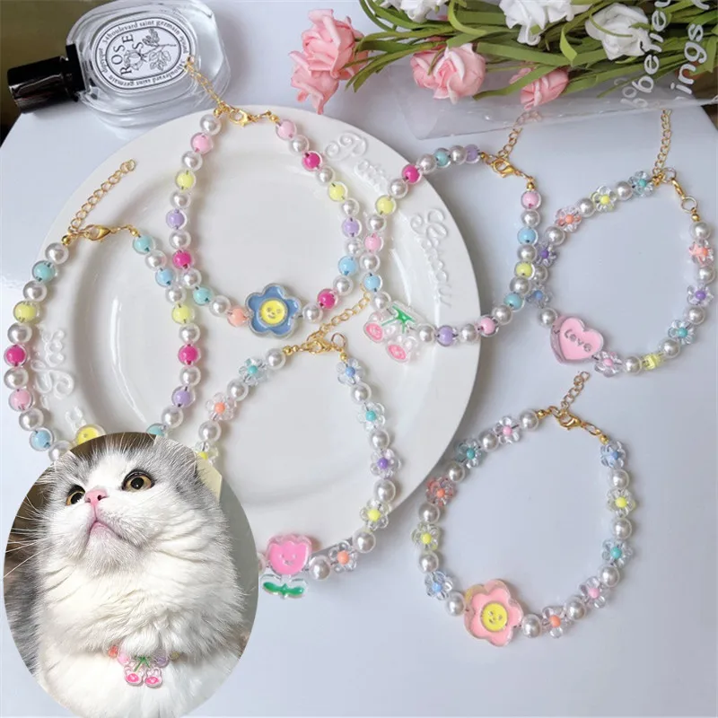 Cute Pet Pearl Necklace Colorful Neck Decoration for Cat Puppy Dog High-grade Gift Cat Collar Pet Accessorie