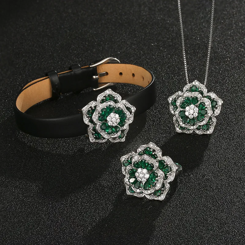 

Jewelry Set - Peony Ring, Bracelet, Necklace - Emerald Peony Design - Women's Style