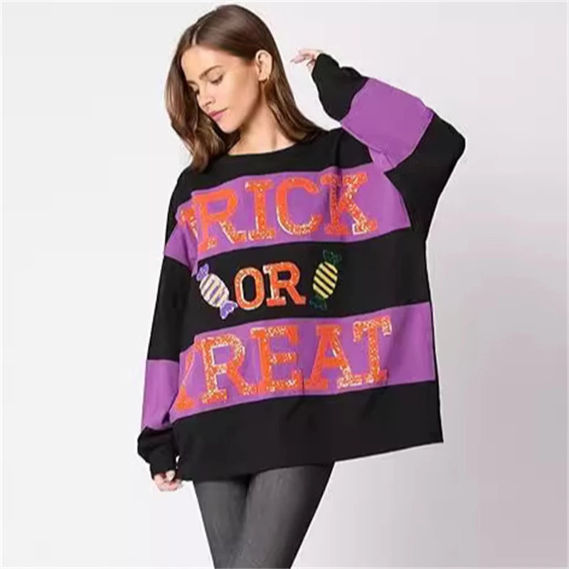 American Style Loose Sequin Letter Candy Print Medium Long Hoodie Round Neck Pullover Hoodie Casual Patchwork Women's Clothing