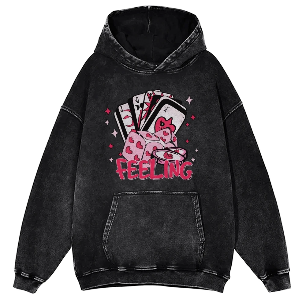 Roze Kaartspel Y 2K Unisex Bedrukt Casual Gewassen Hoodie Sweatshirt, Stijlvol Gevoel Atristisch Shirt, Y 2K Kleding