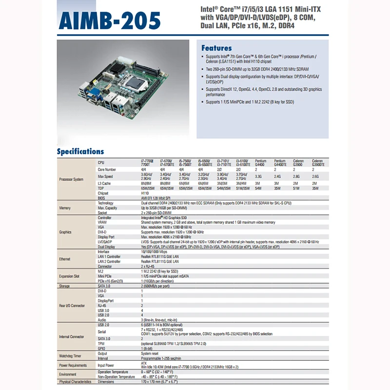 Горячий оригинал для встроенной материнской платы Advantech Mini-ITX H110 промышленного компьютера AIMB-205G2 AIMB-205G2-00A1E