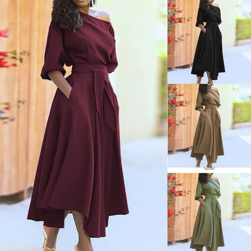 

2024 Elegant Women's Spring/Summer Army Green Oblique Collar Half Sleeve Casual Dress Women's Casual Vintage Long Dresses S-3XL