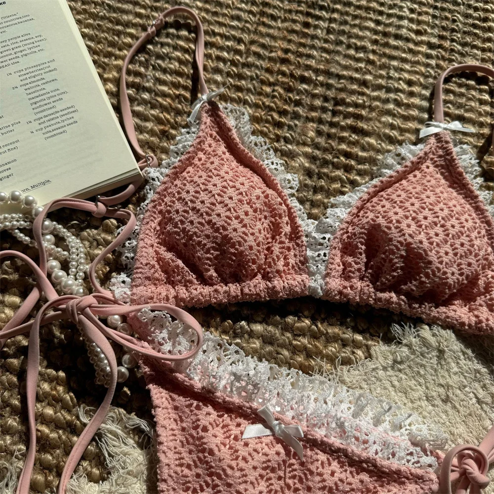 Kawaii Bowknot String Bikini Lace Border Swimsuit Hollow Swimwears Women Backless Bikinis Y2K Swimming Beach Outfit Bathing Suit