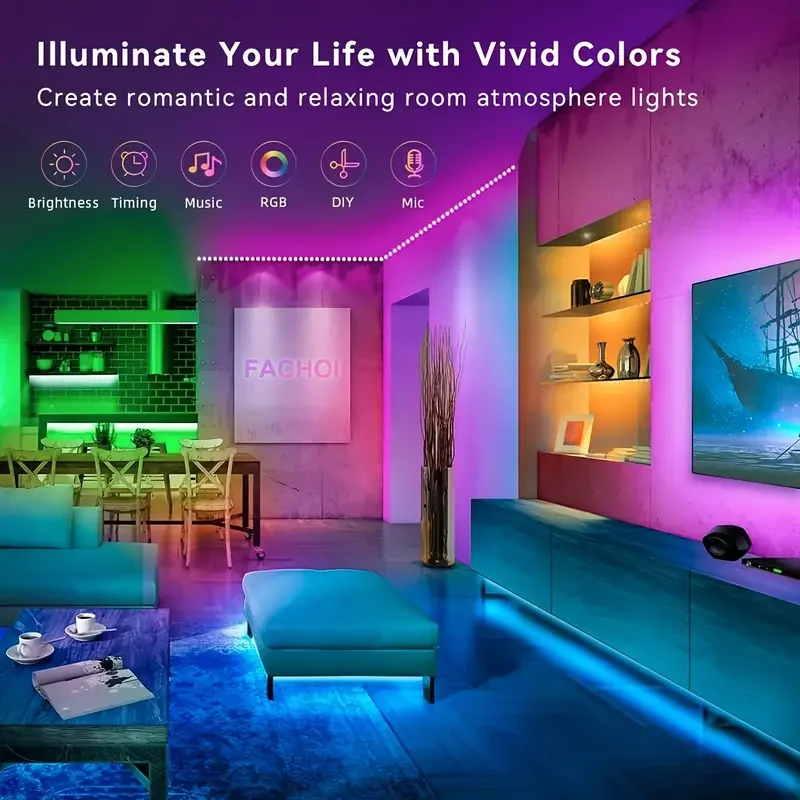 RGB Smart LED Light Strip, microfone embutido, mudança de cor da música, alimentado por USB, controle remoto APP, 5050, 100 pés