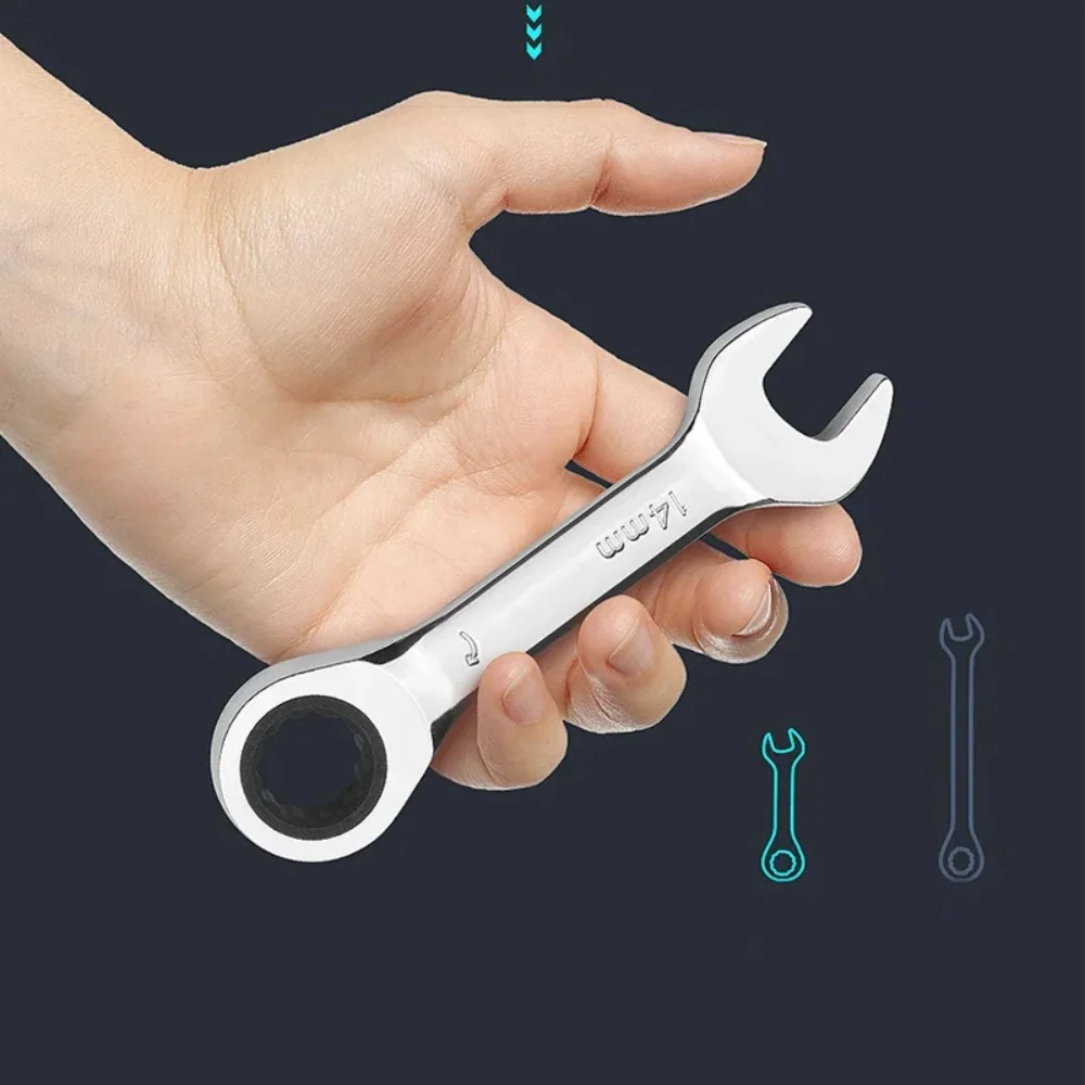Chave Combinada de Catraca Curta com Cabeça Flexível 6-19mm, Ultra Curta, Economia de Esforço, Mini Chave de Catraca Portátil para Reparos