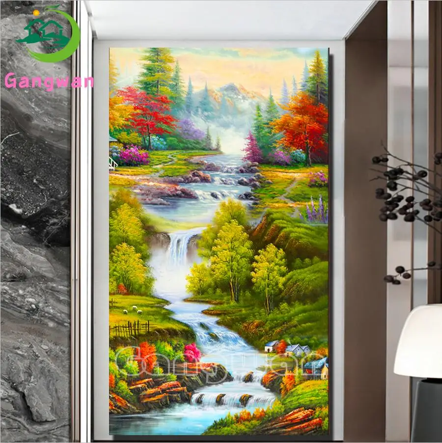 

Full Square/round Diamond Painting rural forest tree waterfall 5d diy Embroidery natural scenery Mosaic Hallway,aisle,decoration