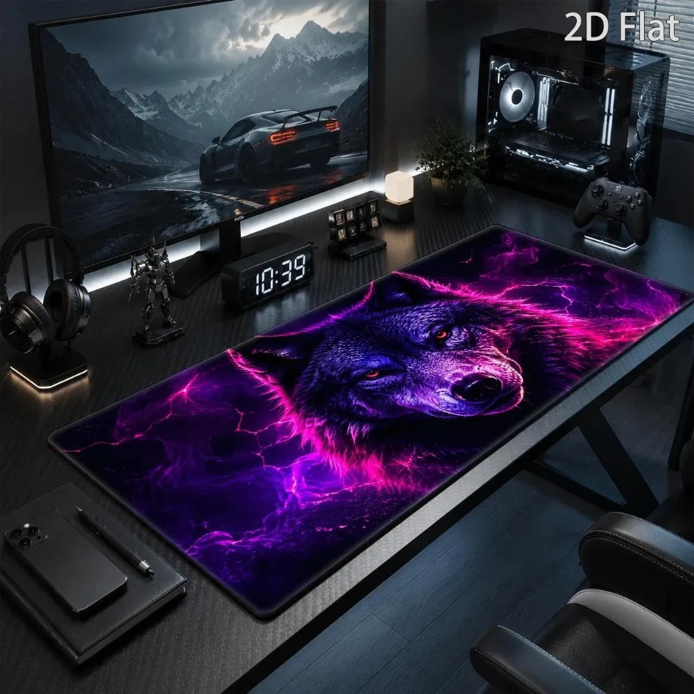 Colorful neon wolf mouse pad, with electric purple lightning theme, futuristic digital art design alfombrillas para escritorio