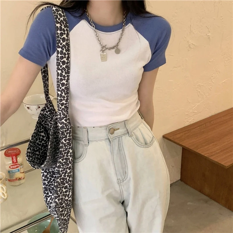 Slim Patchwork Contrast Casual T Shirts Women Clothing New Summer New Sweet Short Sleeve Short Korean Tops Tees Fashion Trend