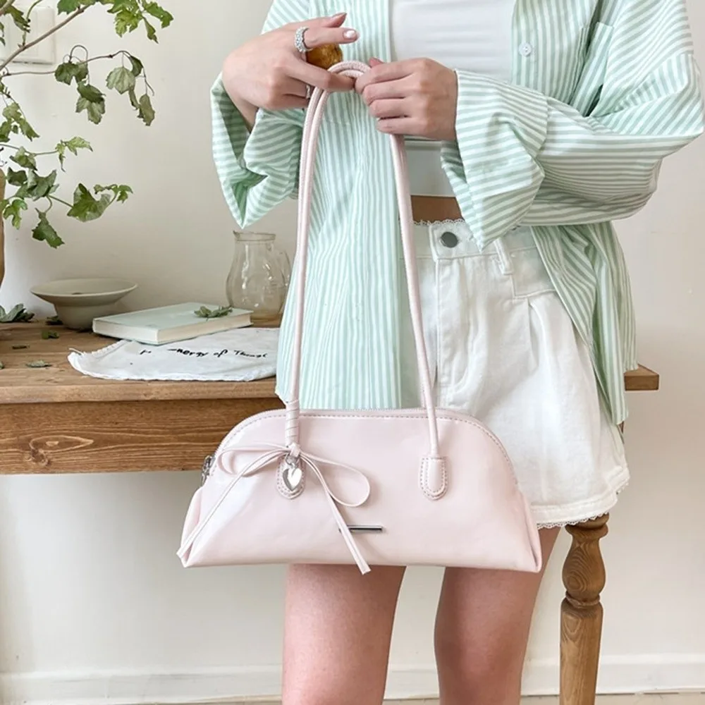 

New Korean Style Plaid Underarm Pack Sweet Bowknot PU Leather Boston Shoulder Bag Casual Solid Color Women Handbag Ladies/Girls