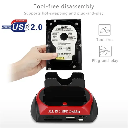 Estación de acoplamiento de disco duro todo en uno, USB 2,0 a IDE SATA, base de clon OTB, doble bahía, 2,5 "", 3,5"", eSATA con lector de tarjetas