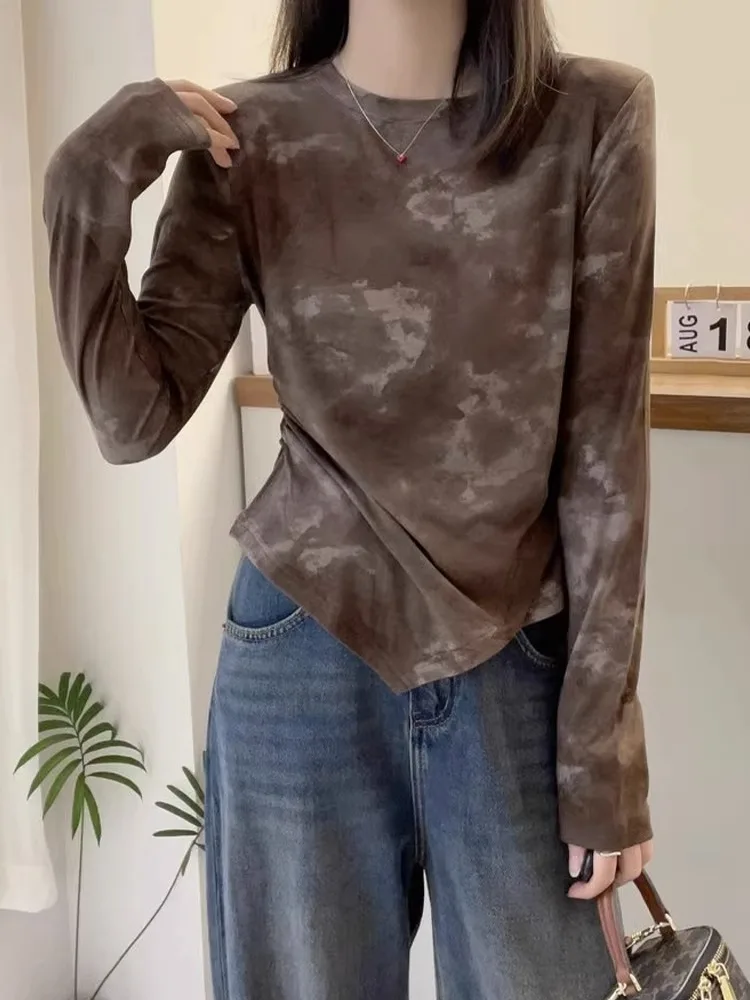 

Faionable Tie-Dye round Ne Long Sve Base irt Slimming Waist Design Korean Sle Women's Camere T-irt Top