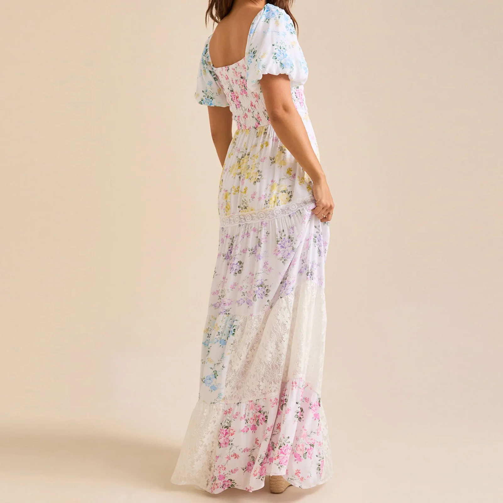 Summer Women Elegant A-Line Dress Casual Ruffled Hem Floral Print Short Sleeve Party Dress for Cocktail Party Clothes