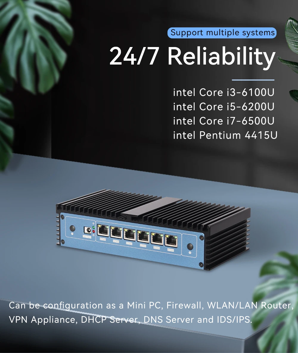 방화벽 라우터 인텔 코어 i7 6500U 미니 PC, 6x LAN 포트, 인텔 i211AT 기가비트 이더넷, Pfsense 윈도우 리눅스와 호환 가능