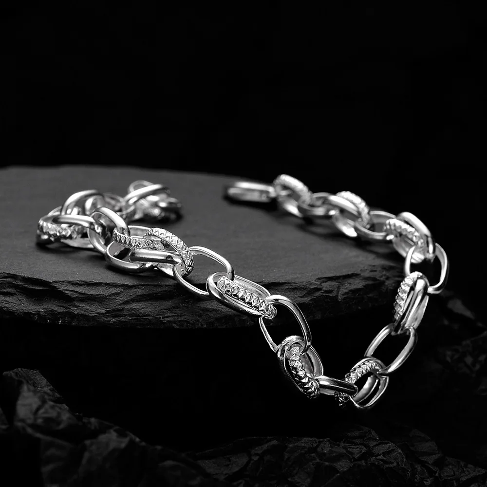 

Real S925 Silver Jewelry Retro Personality Handmade Punk Style Interlocking Couple Men and Women Bracelets Holiday Gifts