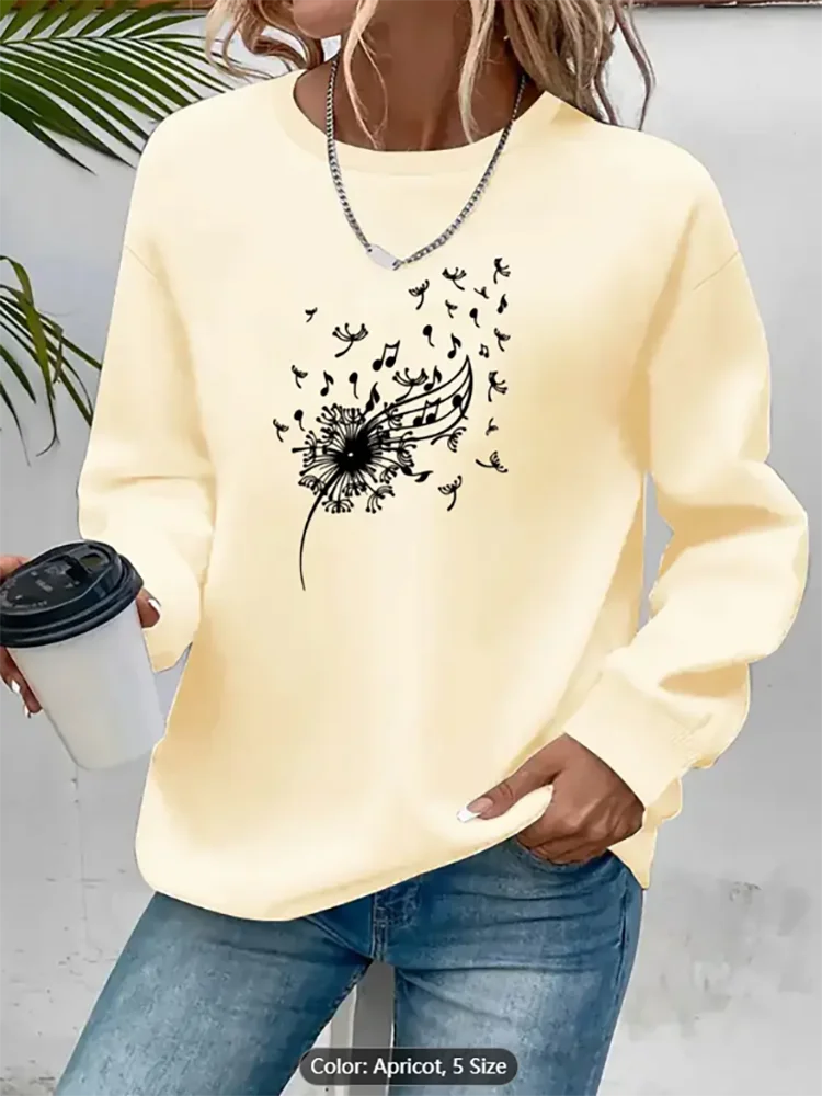 

Женский абрикосовый свитшот с одуванчиком, музыкальная нота, графический принт, повседневный пуловер большого размера, топ для любителей музыки, комфорт из чистого хлопка