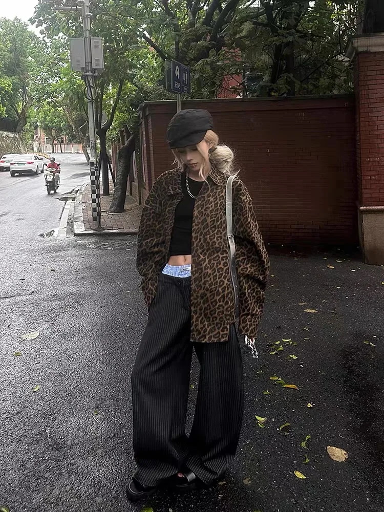 

Ретро-куртка из денима с леопардовым принтом в американском стиле, свободного кроя, с длинными рукавами, для пар, в стиле рабочей одежды