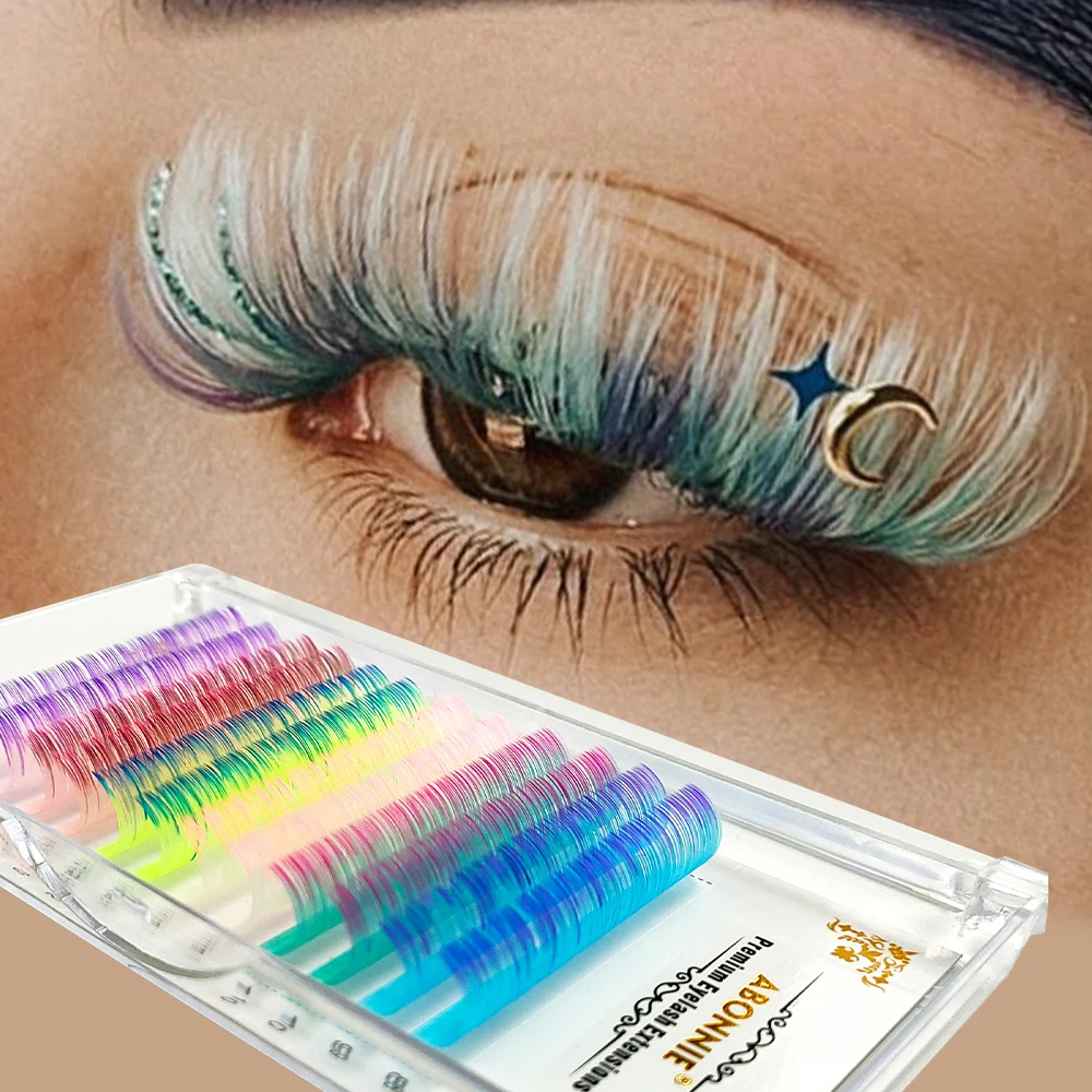 Abonnie 12Rows Ombre Gradient Color Eyelash Extension Mix Colored Glitter Spikes Fairy Eye Lashes Faux Cilios