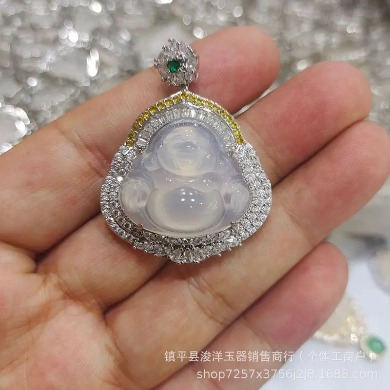 Natural silver-plated pendant with a large belly Buddha made of agate and chalcedony, high-quality ice-grade laughing Buddha jad