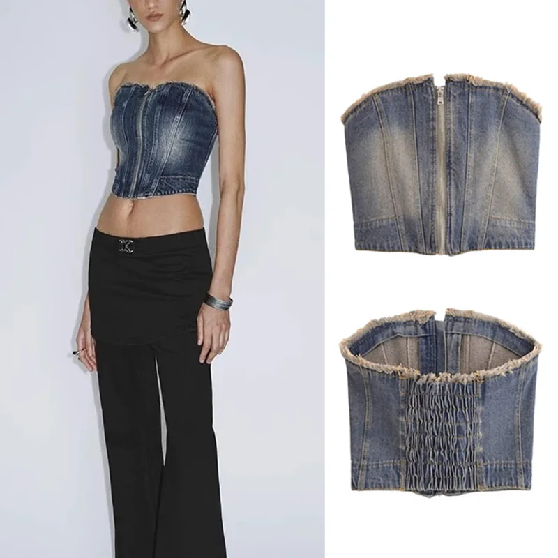 

MSNOLOA Ameircan Retro Denim Crop Tops Strapless Fringed Backless Front Zipper Design Camis Women INS Sexy Gradient Mini Tops