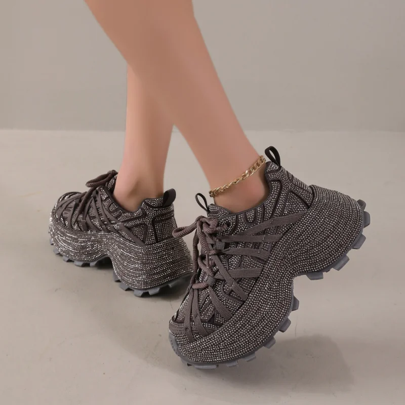 

Кроссовки на толстой подошве с кристаллами 7 см, модные универсальные повседневные кроссовки для женщин, увеличивающие рост, на шнуровке, роскошные туфли с кристаллами.