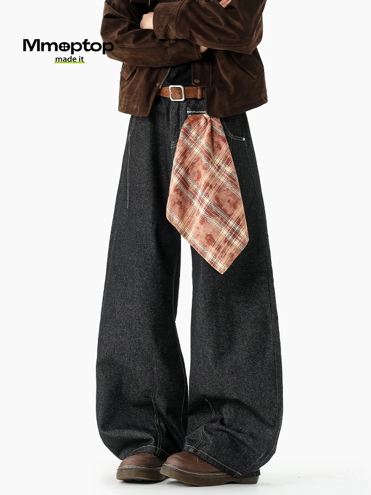 

MMOPTOP American Retro Detachable Plaid Wide Leg Jeans Men Loose Silhouette Straight Long Pants Cotton Canvas Casual Trousers