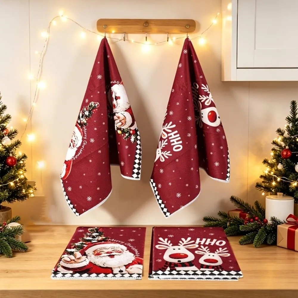 2pcs Santa Claus Christmas Kitchen Towels Reindeer Absorbent Xmas Hand Towels Stripe Plaid Decorative Dish Towels New Year