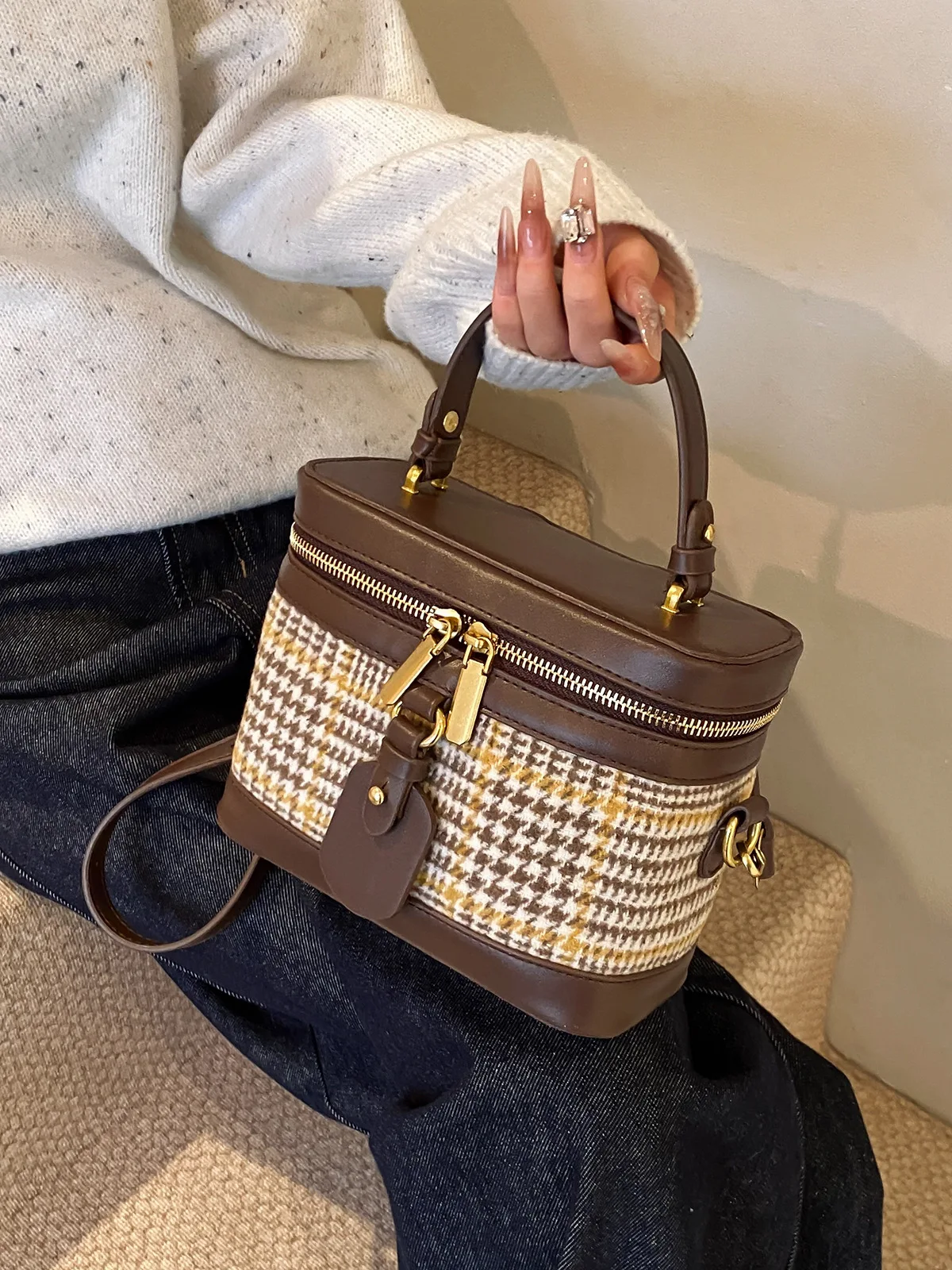 

Autumn/Winter Retro Box Bag For Women Leather Spliced Square Handbag French Casual Fashion Houndstooth Crossbody Bags