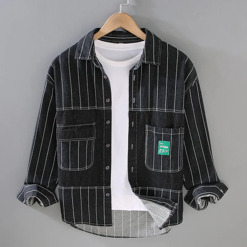 Japanese Retro Denim Shirt Men Long Sleeve Spring Casual Loose Jean Shirts Male Double Pockets Pure Cotton Cowboy Tops Comfort
