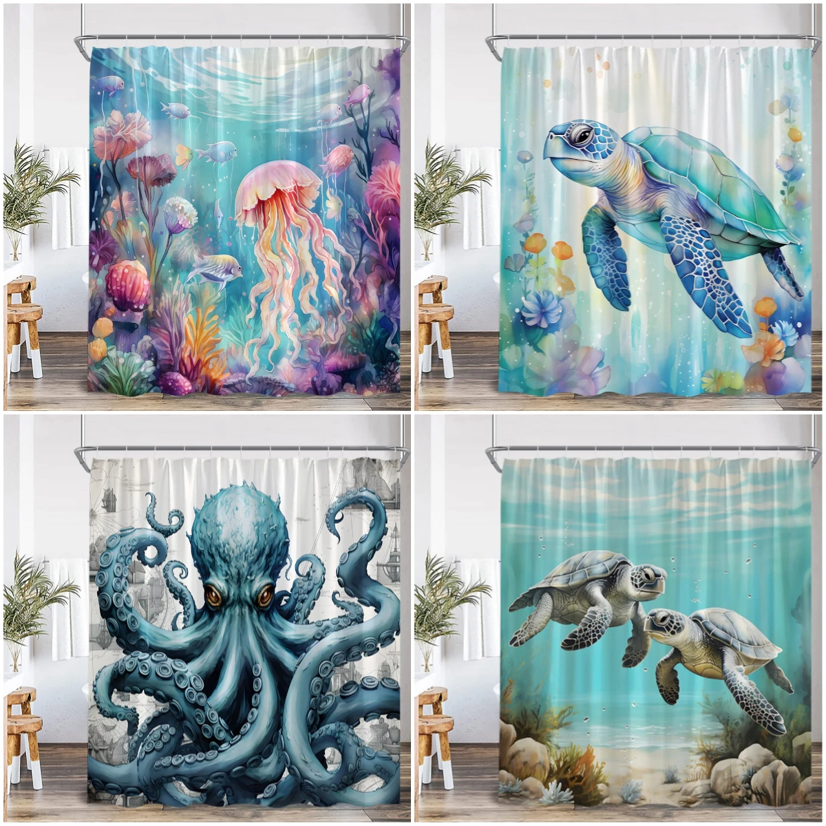 Ocean Animals Shower Curtain Sea Turtle Octopus Jellyfish Undersea View Bathroom Decorations Summer Kids Bath Curtain with Hooks