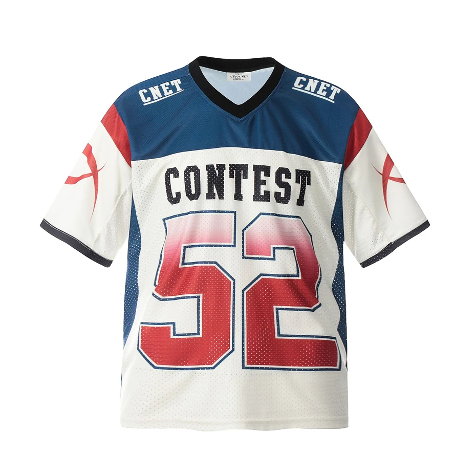 Vintage Jersey T-Shirt Men Y2K Graphic Letter Print Sport Breathable Tshirt Streetwear Harajuku Hip Hop Casual V-Neck Top Male