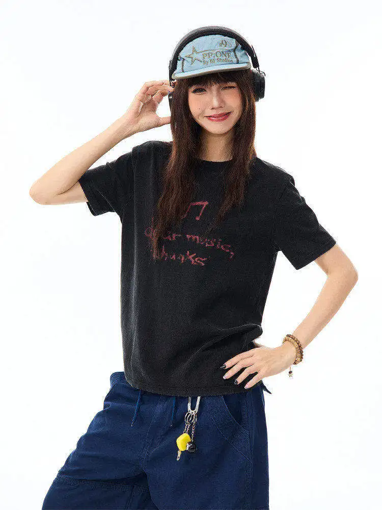 

MAIKAO Американская ретро-футболка с коротким рукавом, женская летняя свободная футболка для пар, хлопковая повседневная футболка с принтом