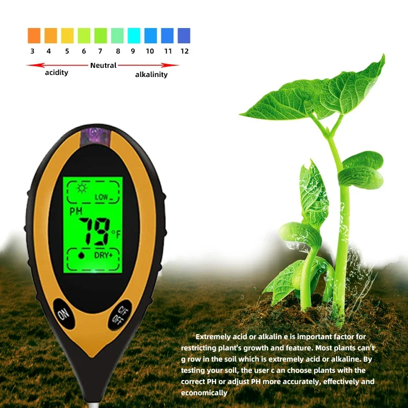 Medidor de PH del suelo Digital 4 en 1, Monitor de humedad, temperatura, probador de luz solar para jardinería, plantas, agricultura con luz negra