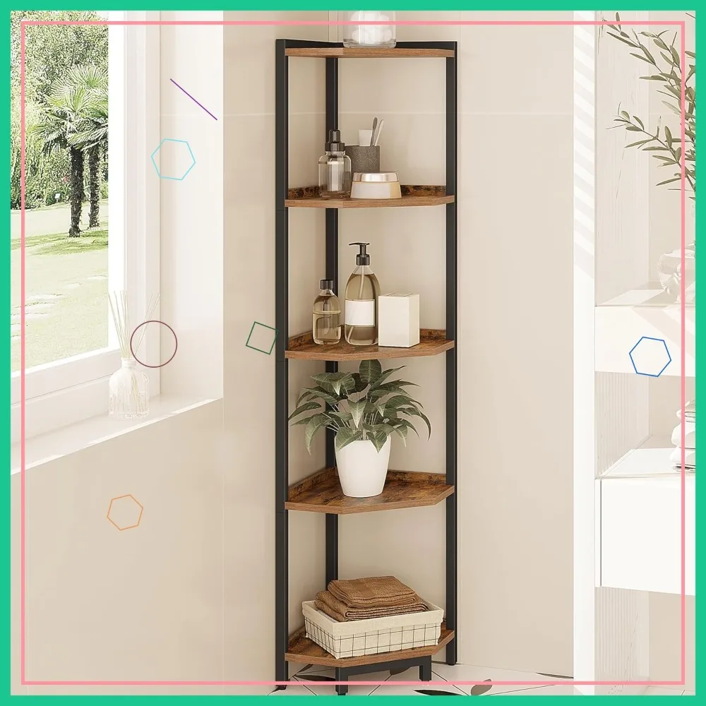 

5-Tier Rustic Brown Corner Shelf Stand with Metal Frame for Living Room, Home Office, Bedroom Storage