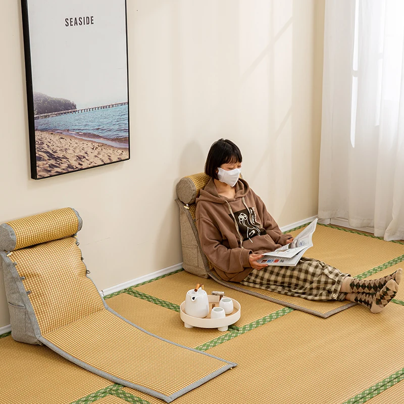 

Tatami Floor Pillow Adjustable Lumbar Support with Rattan Mat All-Season Bed Backrest Japanese Chaise Lounge Cotton Filling