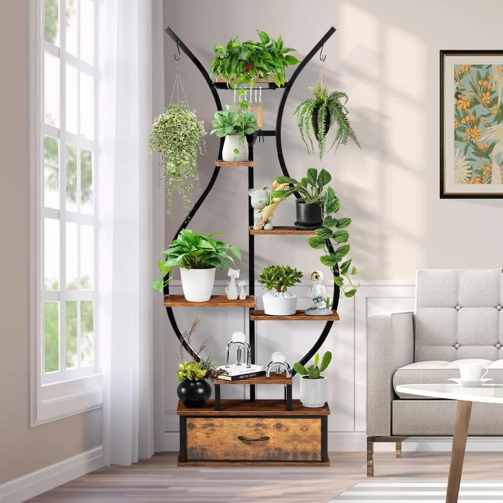 7-Tier Indoor Plant Stand with Hanging Hooks & Drawer,Vase-Shaped Corner Plant Stand includes Tool Hangers