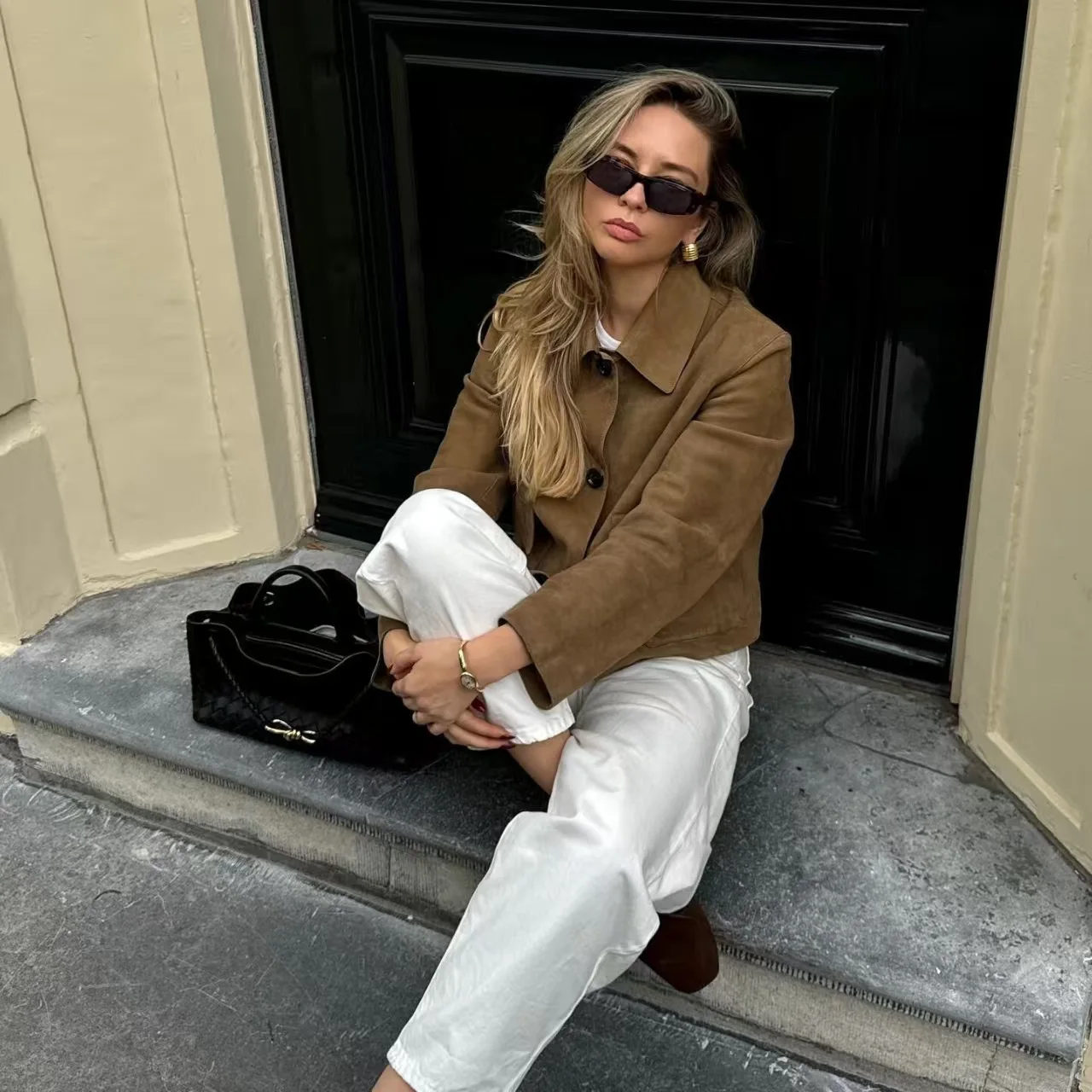 Faionable Cappotto lungo in pelle scamosciata Jaet ort da donna Taglio dritto Sle Europeo Chiusura con bottoni Capispalla da donna