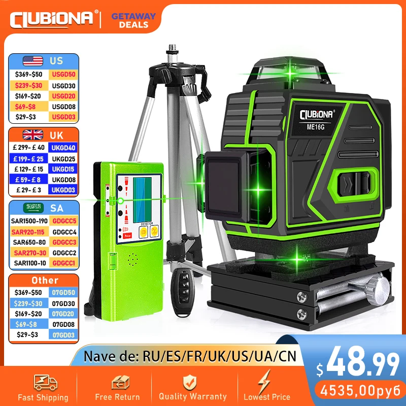 

Clubiona 4D 16 Lines Laser Level 4000mAh li-ion battery Remote Pulse Mode Super Powerful Green Beams Professional Nivel Laser