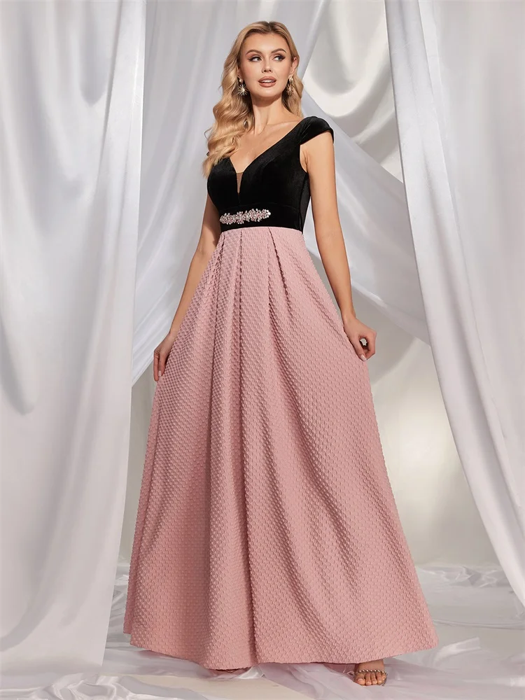 XUIBOLB Plus Size Elegant V-back Formal Evening Dress For Women Luxury 2024 V-neck Party Dress Prom Long Pink Cocktail Gowns