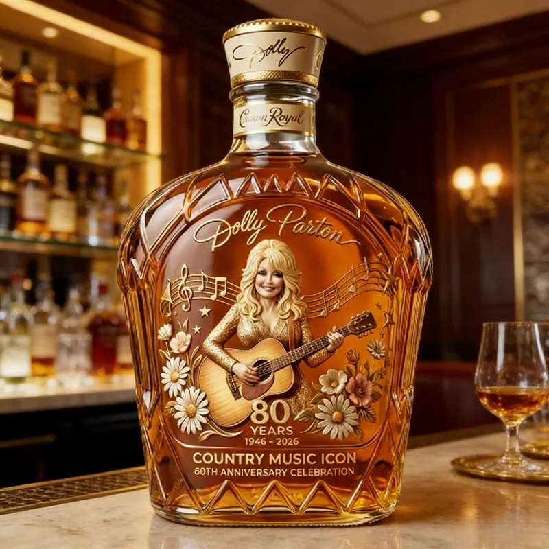 Dolly Parton Premium Country Music Themed Whiskey Decanter, Handcrafted Clear Glass Liquor Bottle with Guitar & Floral Relief view 5
