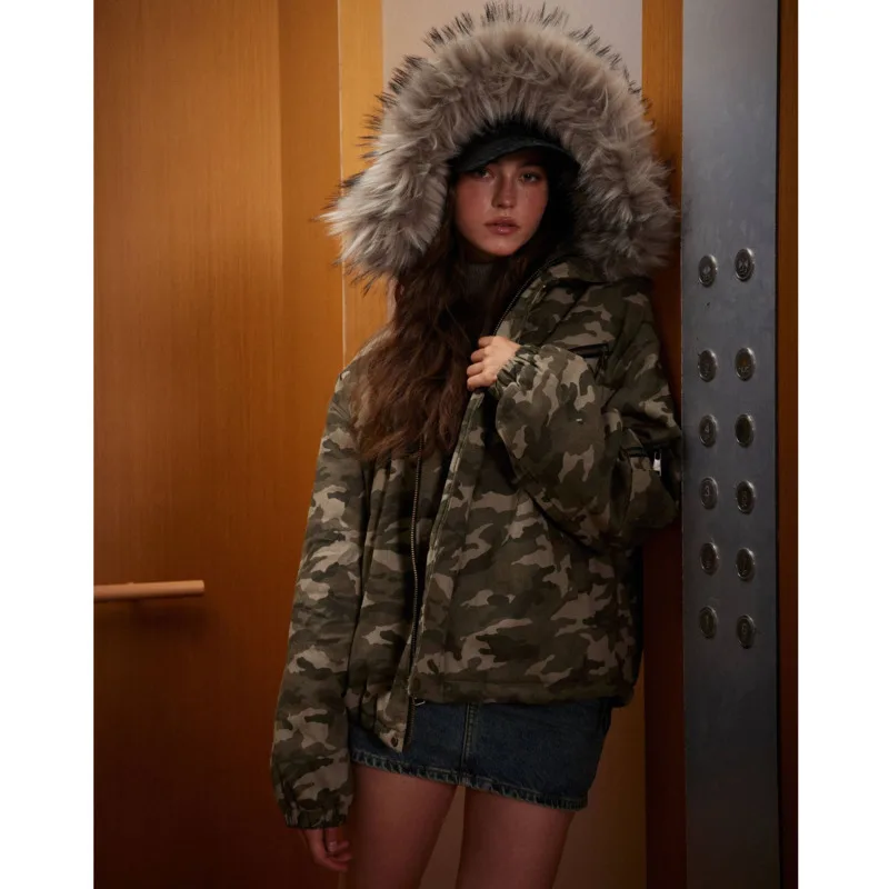 남성용 2024 겨울 브레드 재킷, 위장 면 재킷, 모피 칼라 코트, 미국 패션 브랜드, 두껍고 루즈한 면 재킷, 신상