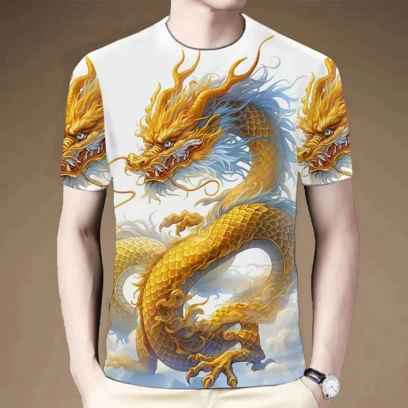 Fashion 3D Golden Dragon Printed T-Shirt For Men Chinese Pattern Tees Casual Loose Round Neck Short Sleeve T Shirts Tops