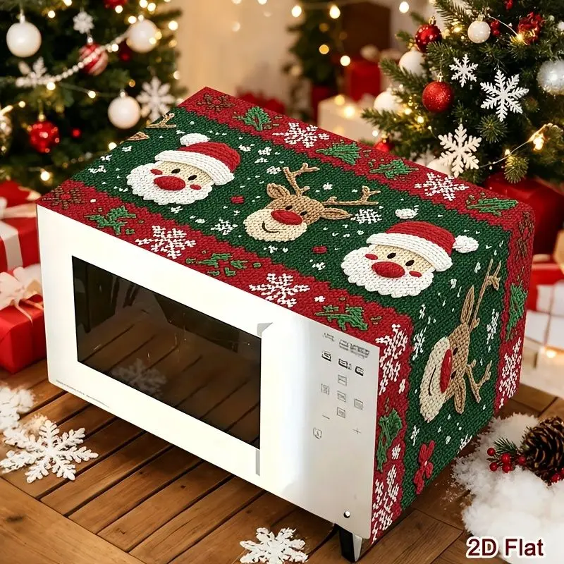 VIKAMA Santa Reindeer Microwave Cover Christmas Snowflake Print Dustproof Oil Resistant Kitchen Countertop Holiday Home Decor