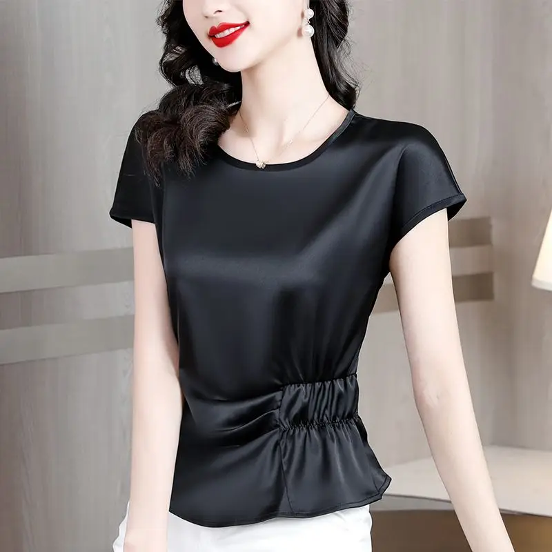 

Temperament Pleated T Shirts Summer New Solid Color Short Sleeve Loose All-match Office Blouse Elegant Vintage Women Clothing